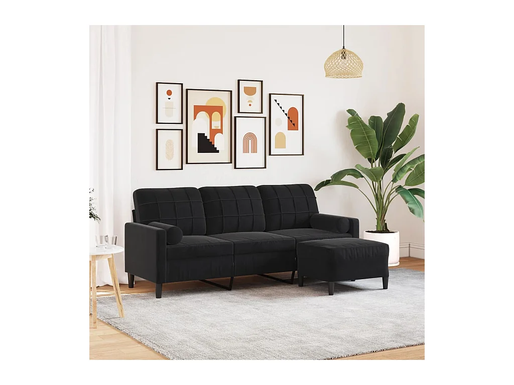 Sofá 3 plazas con reposapiés Terciopelo Negro 180 cm