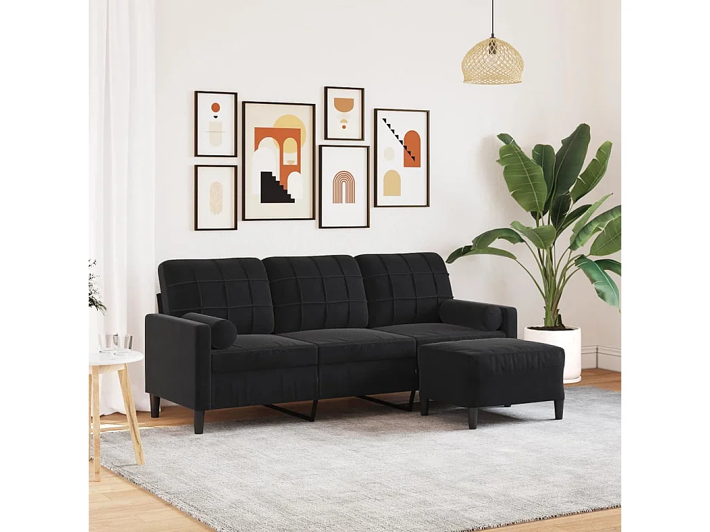 Divano 3 posti con poggiapiedi Nero 180 cm Velluto