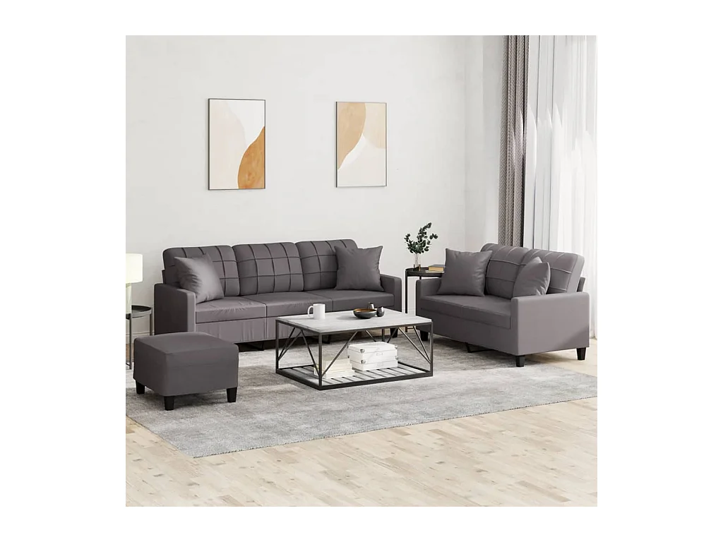 Set di divani da 3 pezzi con cuscini in similpelle grigia