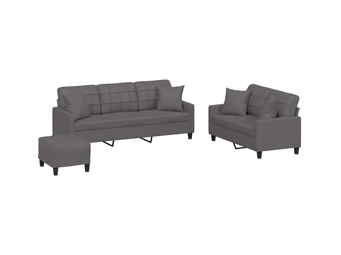 Set di divani da 3 pezzi con cuscini in similpelle grigia