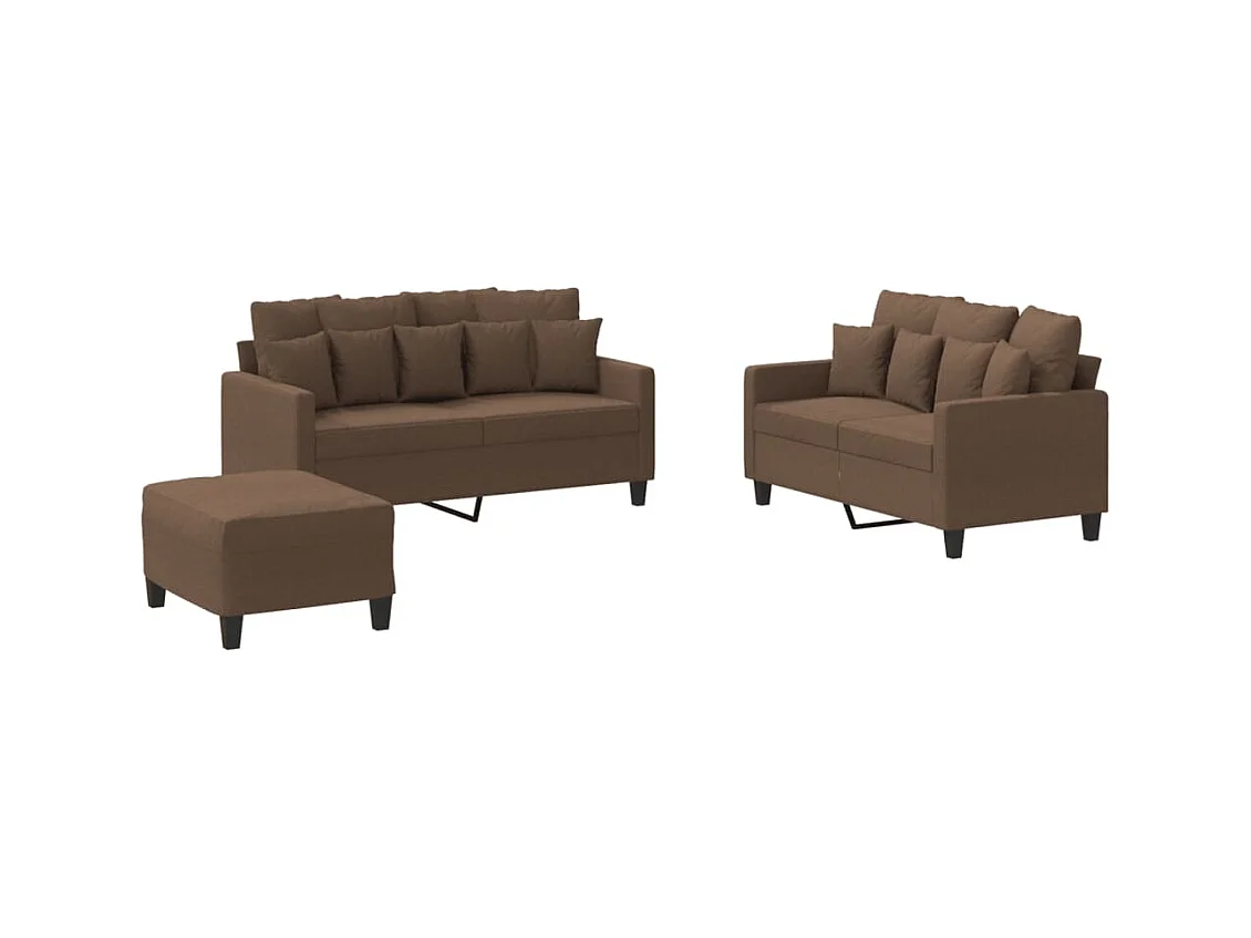Set di divani 3 pezzi con cuscini in tessuto marrone