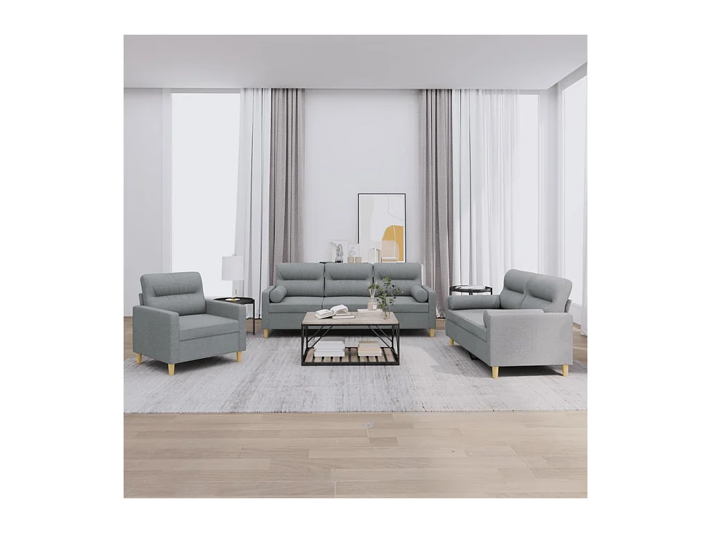 Set di divani 3 pezzi con cuscini in tessuto grigio chiaro