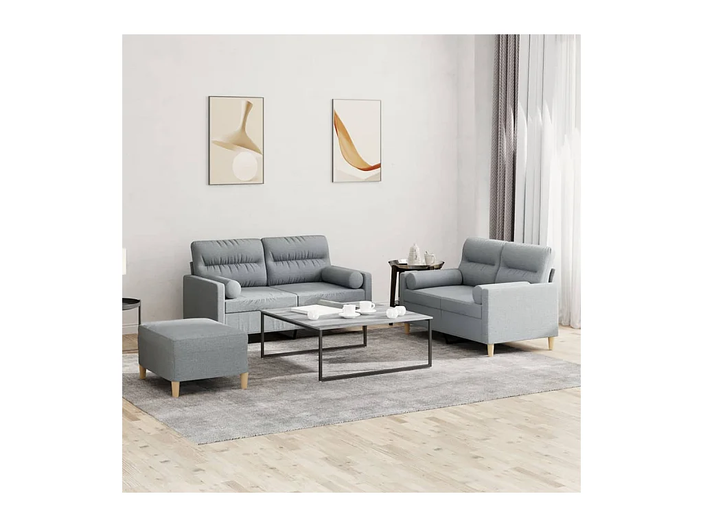 Set di divani 3 pezzi con cuscini in tessuto grigio chiaro