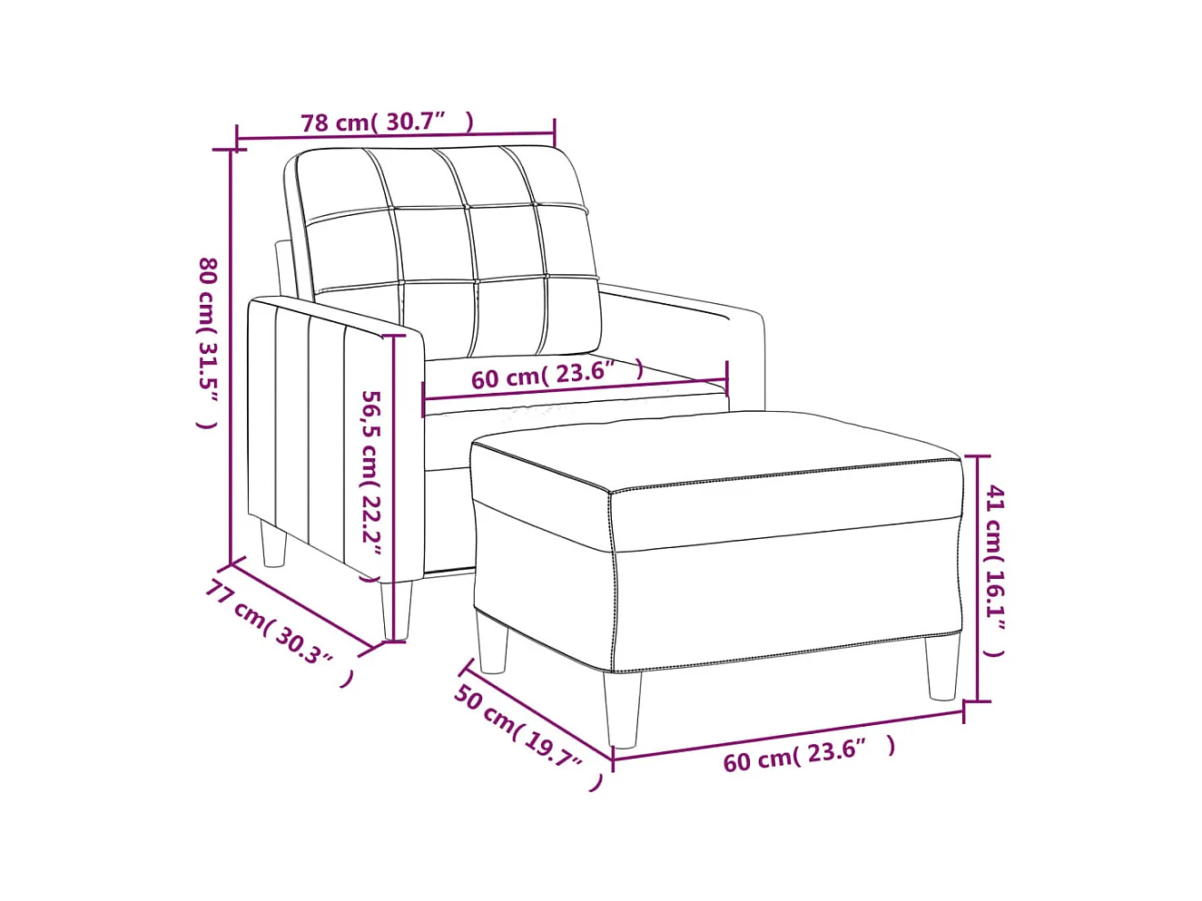 Fauteuil avec repose-pied Noir 60 cm Tissu