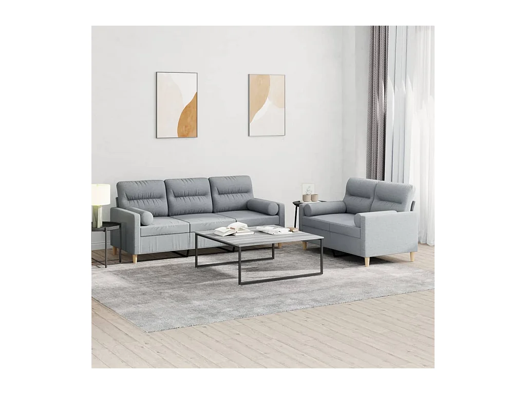 Set di divani 2 pezzi con cuscini in tessuto grigio chiaro