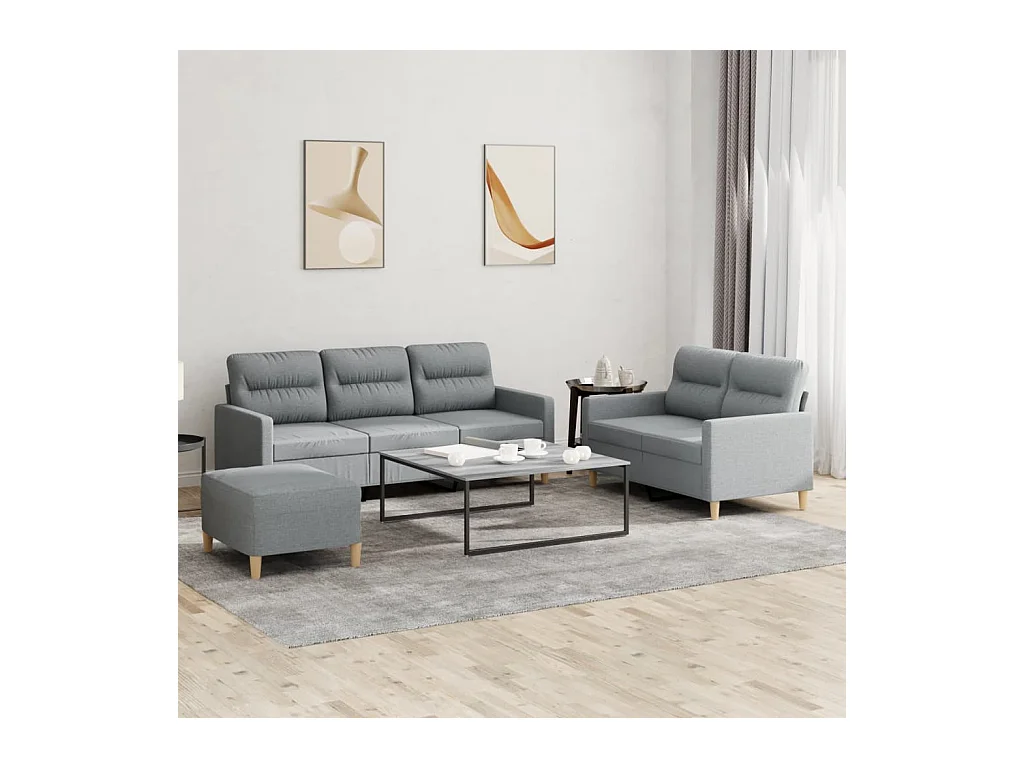 Set di divani 3 pezzi con cuscini in tessuto grigio chiaro