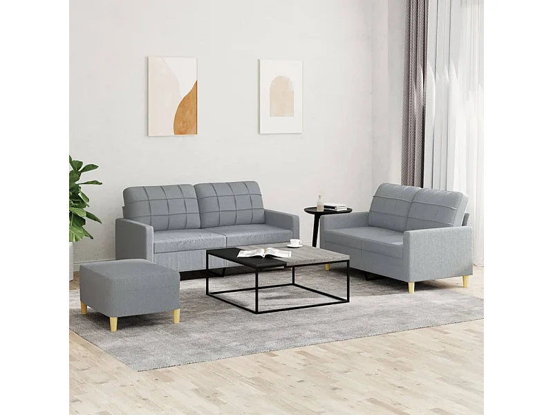 Set di divani 3 pezzi con cuscini in tessuto grigio chiaro