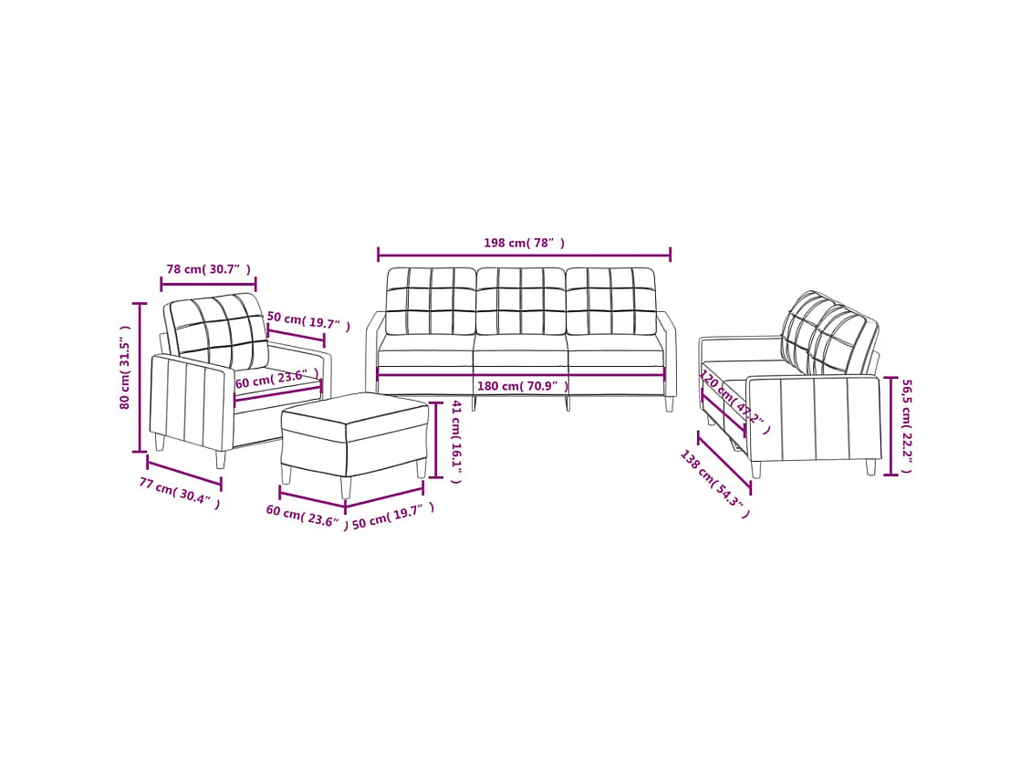 4-delige bankset met kussens, zwarte stof