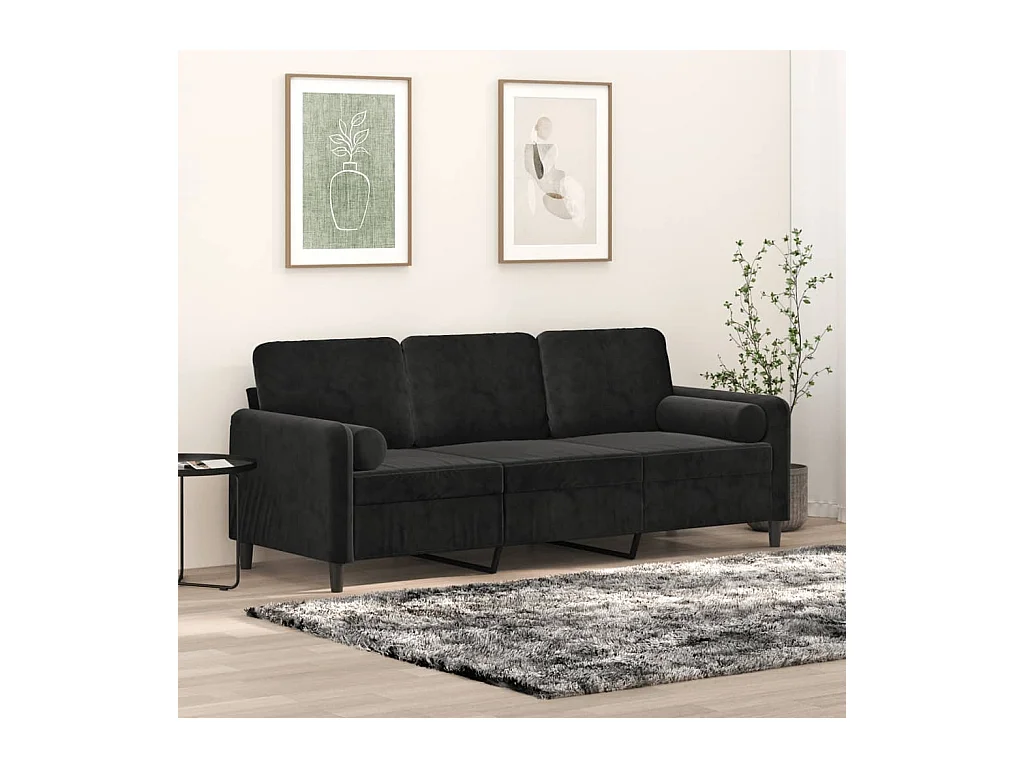 Canapé 3 places avec oreillers décoratifs noir 180 cm velours