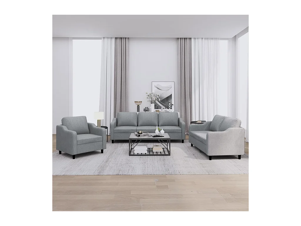 Set di divani 3 pezzi con cuscini in tessuto grigio chiaro