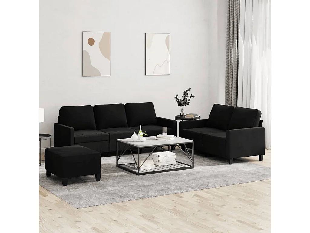 Set di divani 3 pezzi con cuscini in velluto nero