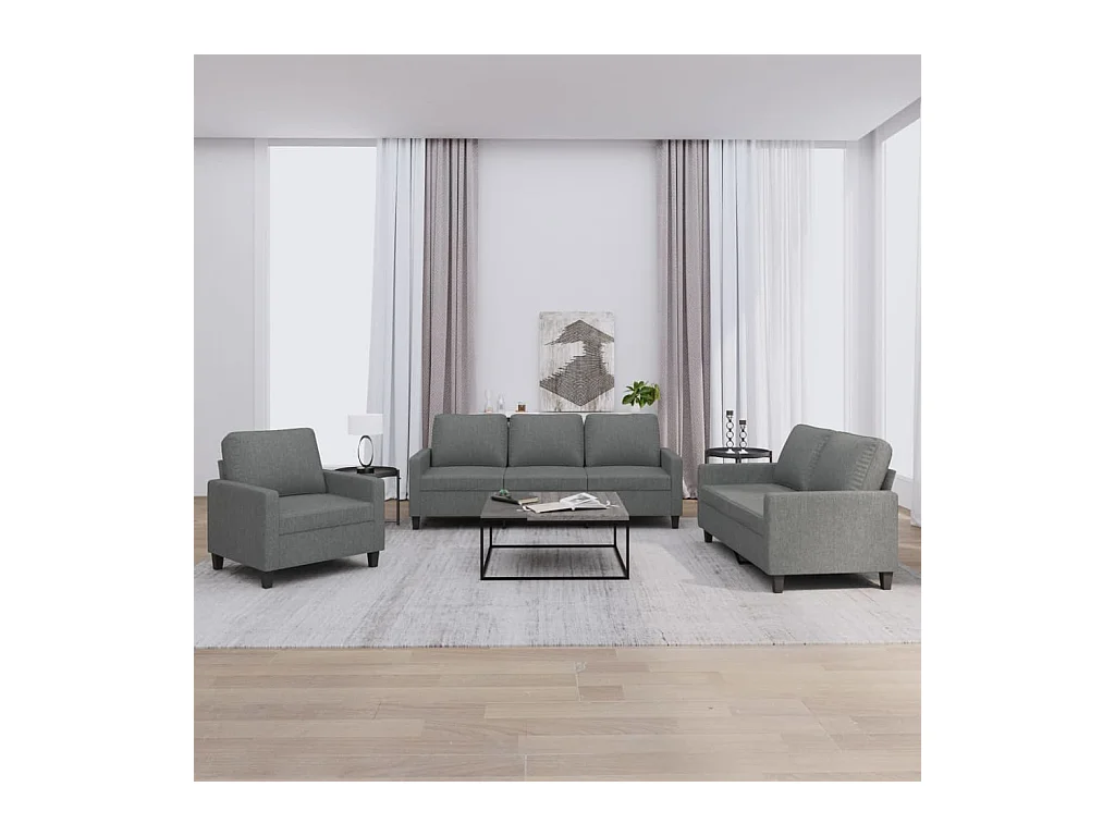Set di divani 3 pezzi con cuscini in tessuto grigio scuro