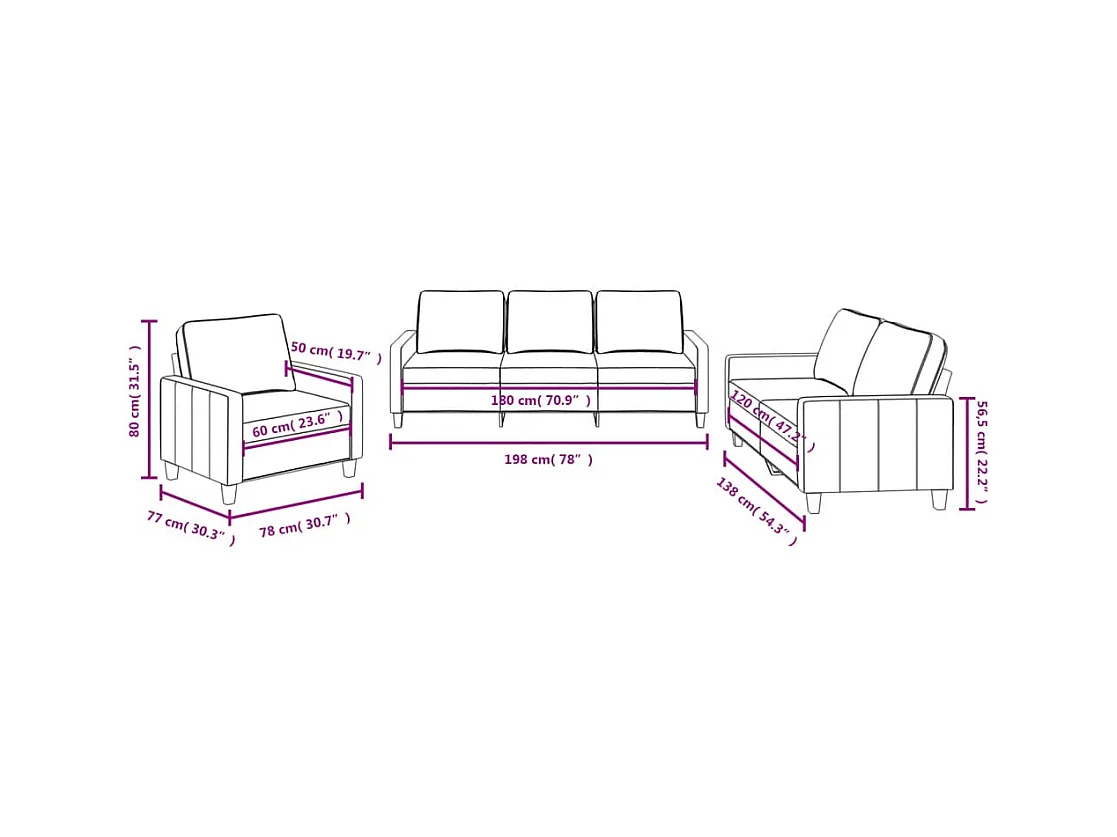 Set di divani 3 pezzi con cuscini in tessuto grigio scuro