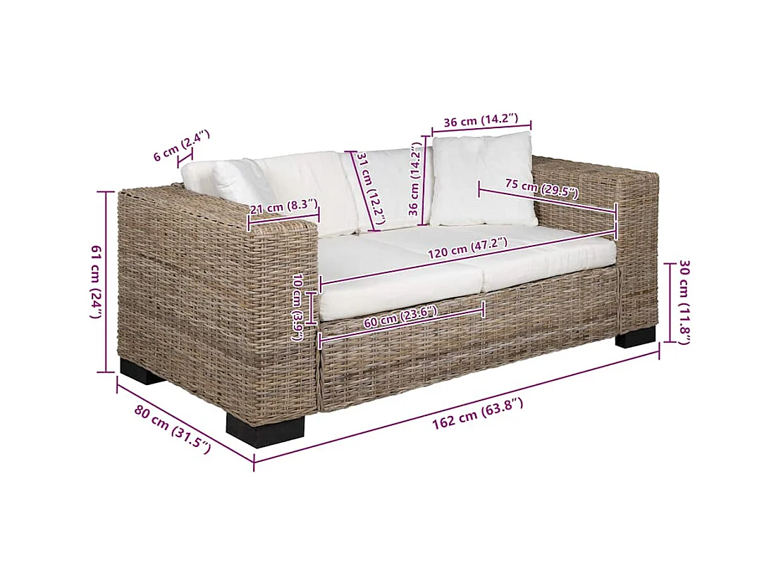 7-delige 2-zitsbankset van echt rotan