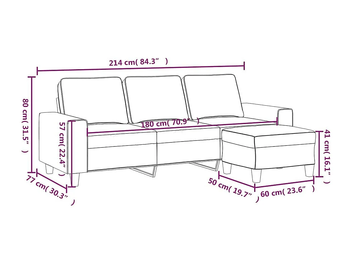 Sofá 3 plazas con reposapiés Gris claro 180 cm Tela