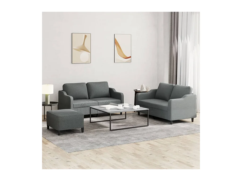 3-teiliges Sofaset mit Kissen, dunkelgrauer Stoff