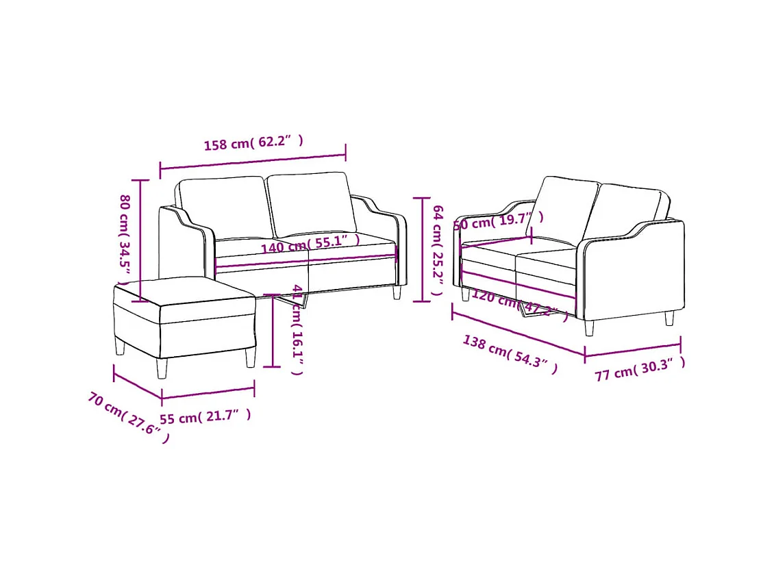 3-teiliges Sofaset mit Kissen, dunkelgrauer Stoff