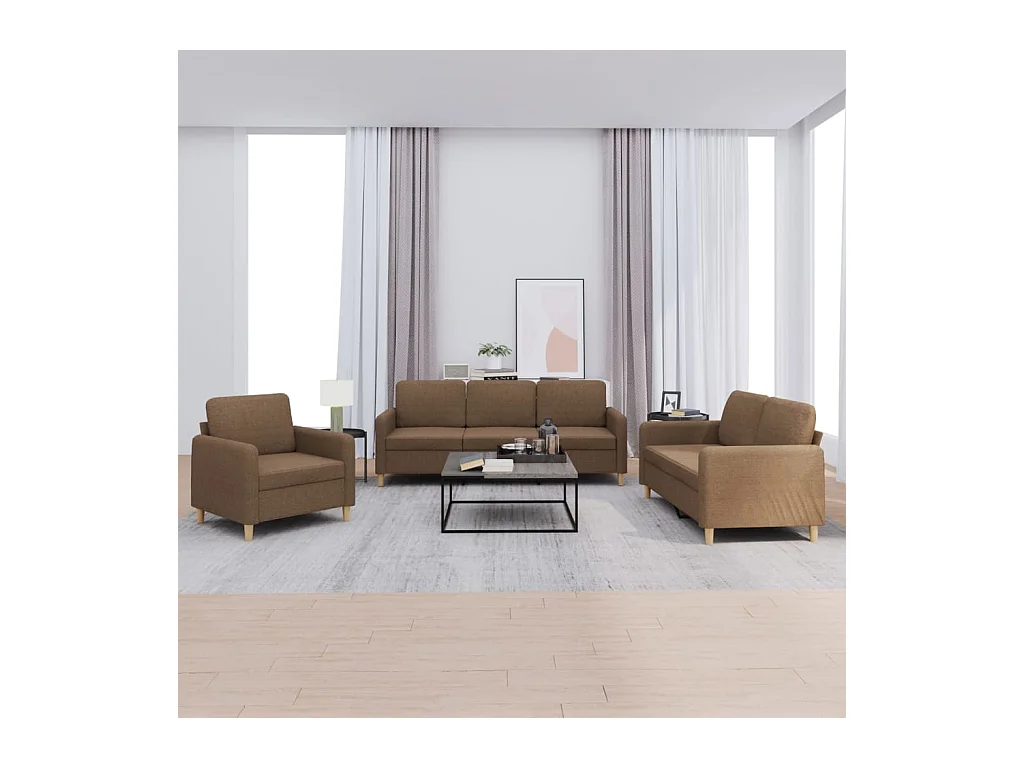 Set di divani 3 pezzi con cuscini in tessuto marrone