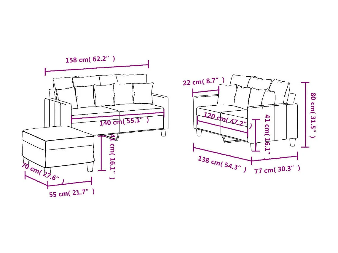 3-delige bankstel met kussens Taupe stof