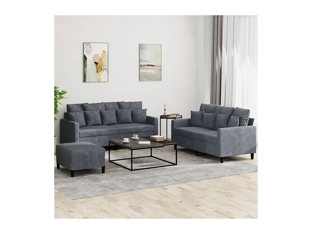 3-teiliges Sofaset mit Kissen, dunkelgrauer Samt