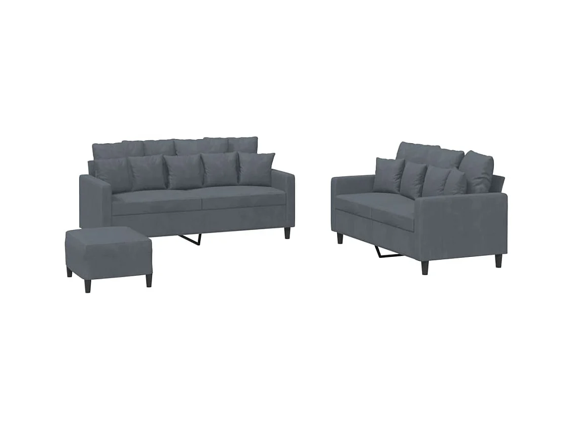 3-teiliges Sofaset mit Kissen, dunkelgrauer Samt