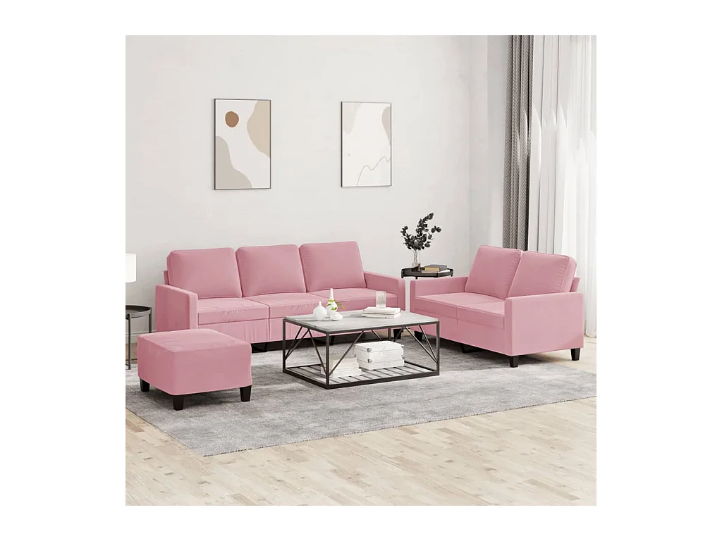 3-teiliges Sofaset mit Kissen, rosa Samt