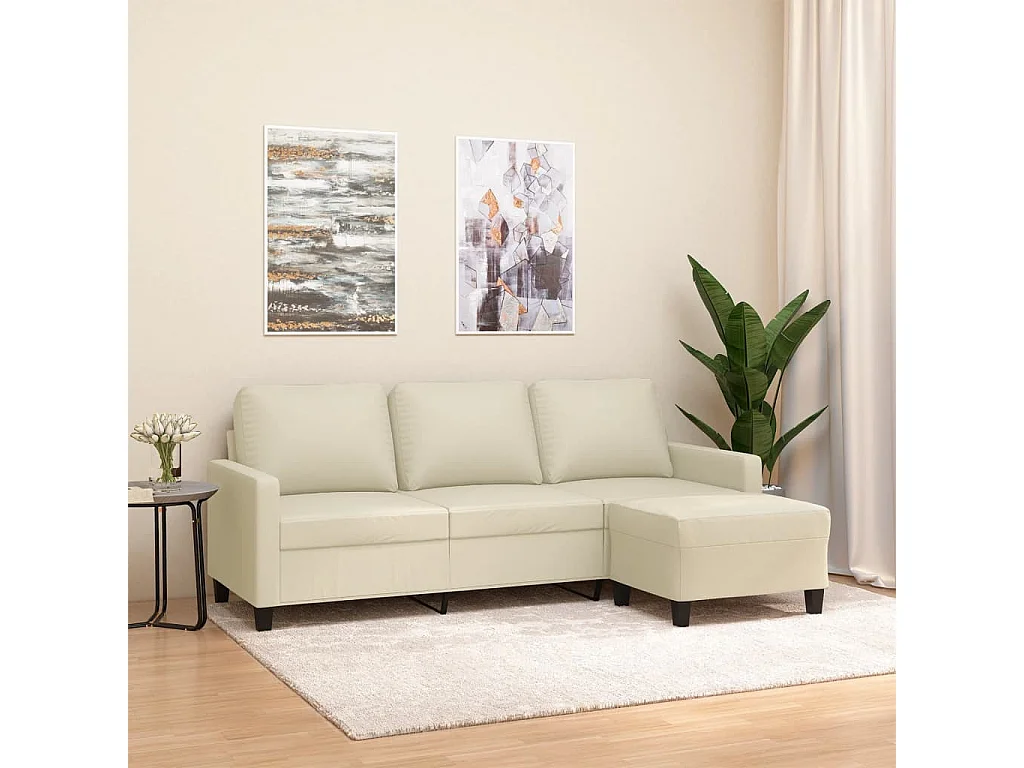 Sofá de 3 plazas con reposapiés color crema, 180 cm, piel sintética