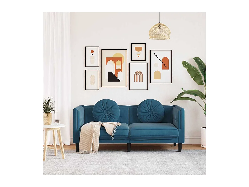 2-Sitzer-Sofa aus blauem Samt mit Kissen