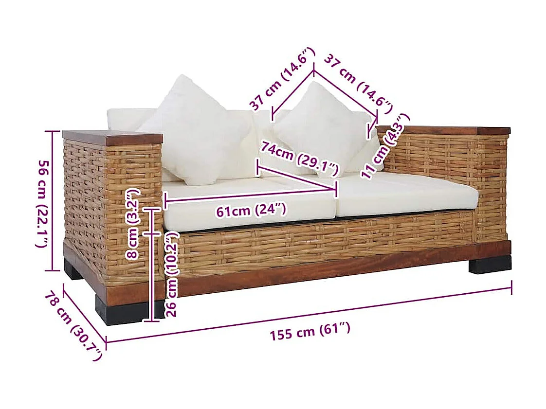 Sofá 2 plazas con cojines Ratán natural Marrón
