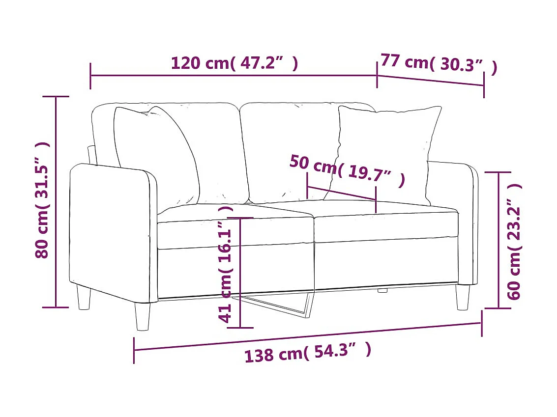 Canapé 2 places avec oreillers bordeaux 120 cm tissu