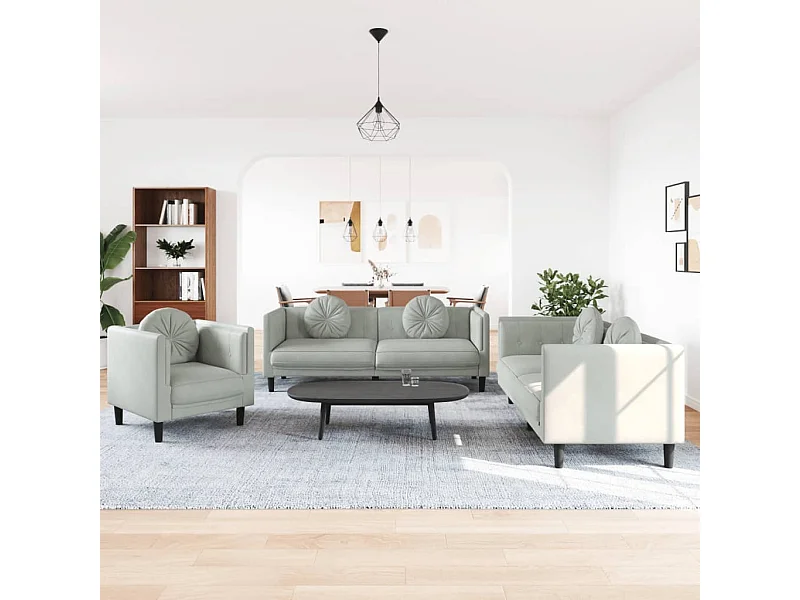 3-teiliges Sofaset mit hellgrauen Samtkissen