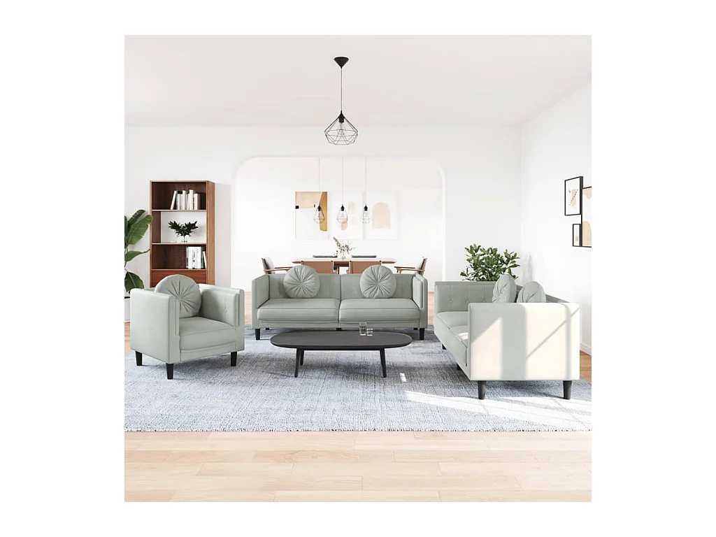 Set di divani 3 pezzi con cuscini in velluto grigio chiaro