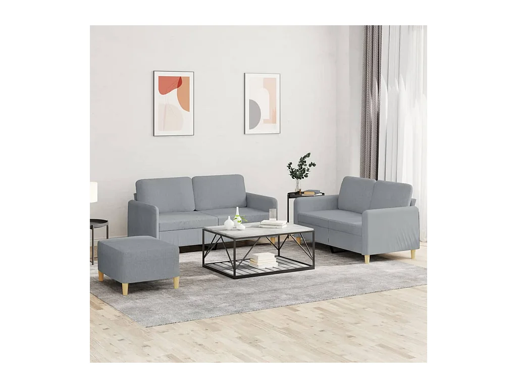 3-teiliges Sofaset mit Kissen, hellgrauer Stoff