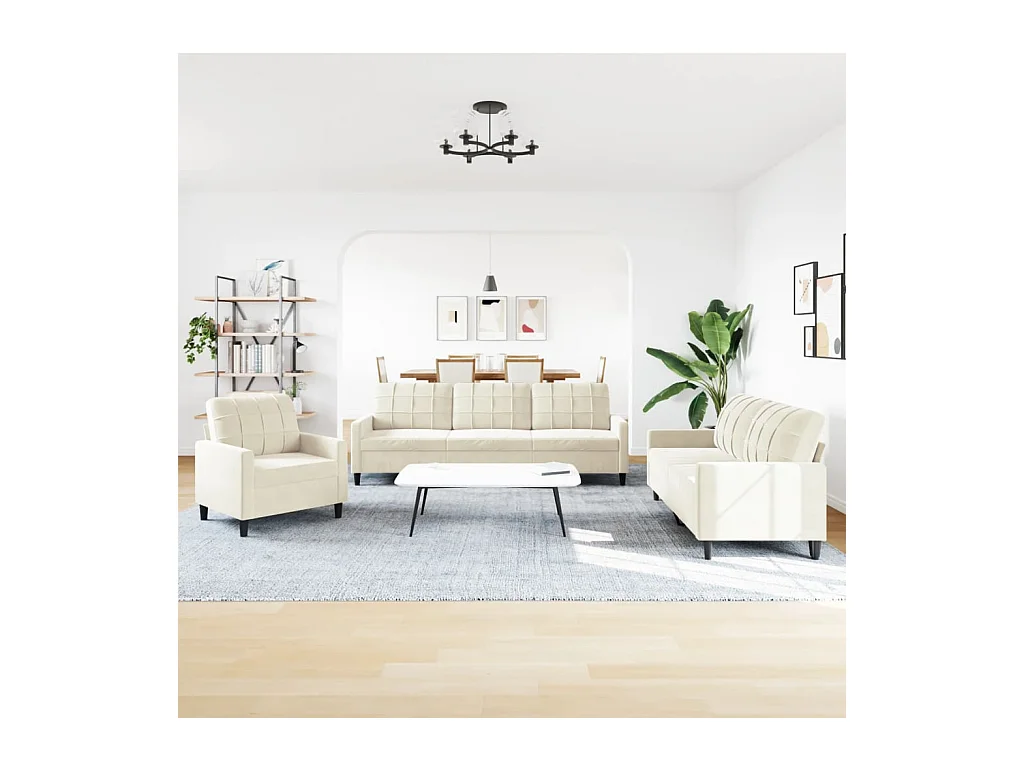 3-delige bankstel met crèmekleurige fluwelen kussens