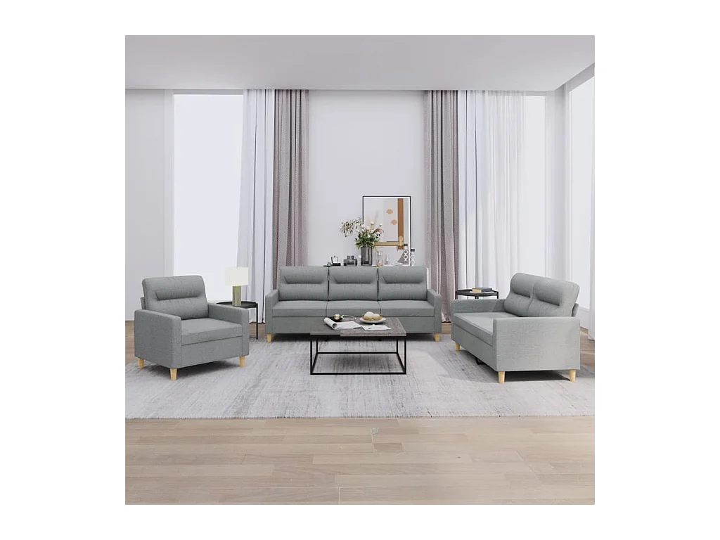 Set di divani 3 pezzi con cuscini in tessuto grigio chiaro