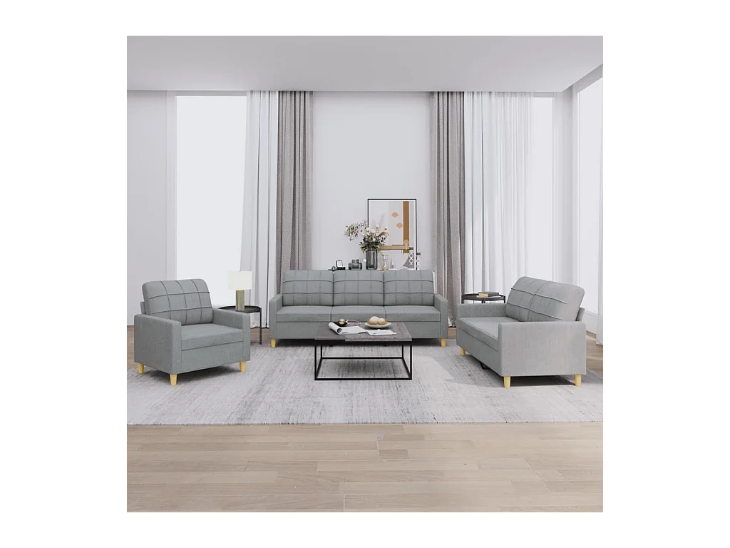 Set di divani 3 pezzi con cuscini in tessuto grigio chiaro