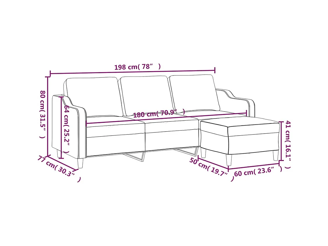 Divano 3 posti con poggiapiedi Marrone 180 cm Tessuto