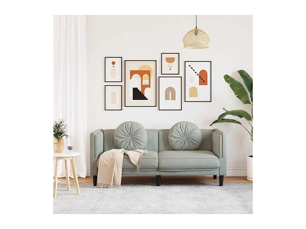 2-zits lichtgrijze fluwelen bank met kussens