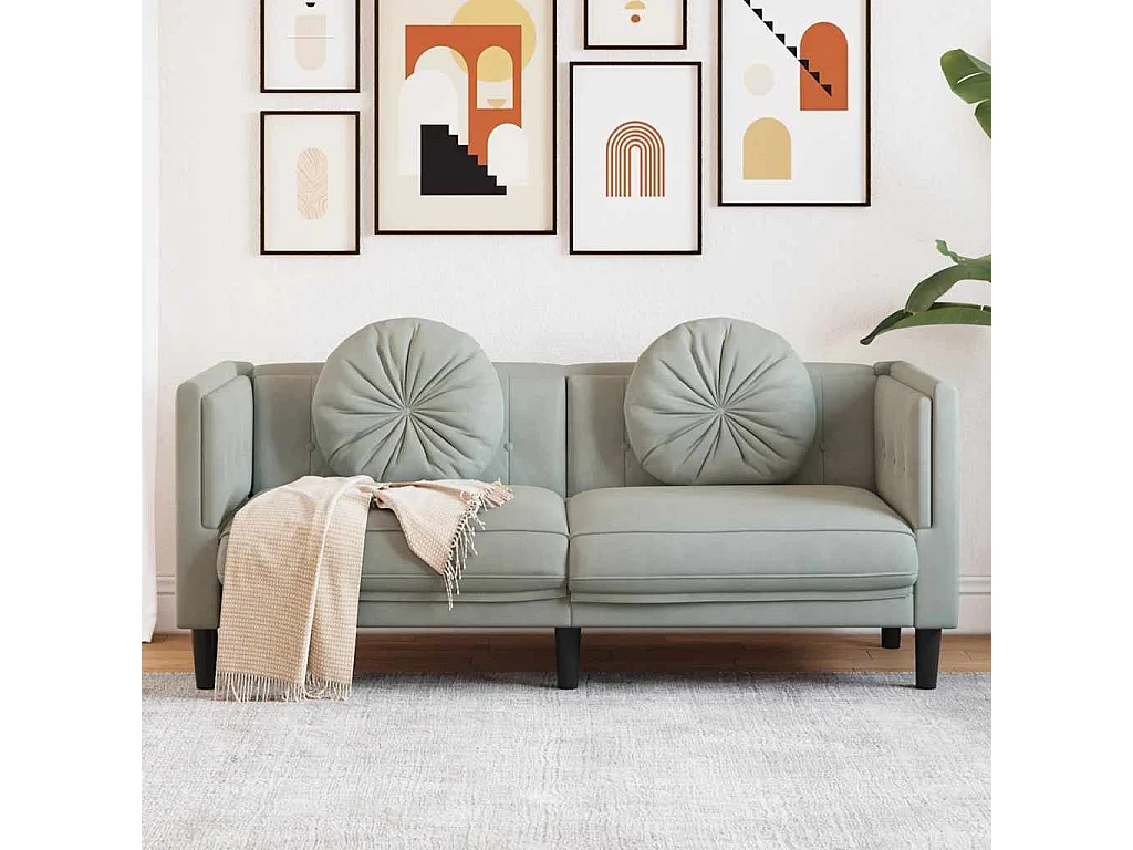 Sofá de 2 plazas de terciopelo gris claro con cojines