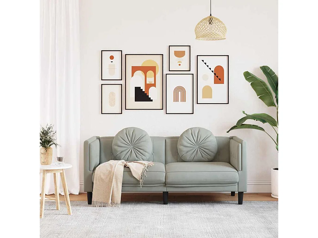 Sofá de 2 plazas de terciopelo gris claro con cojines