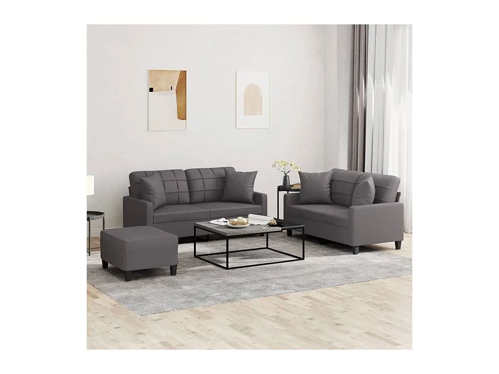 Ensemble de canapés 3 pcs avec coussins gris similicuir