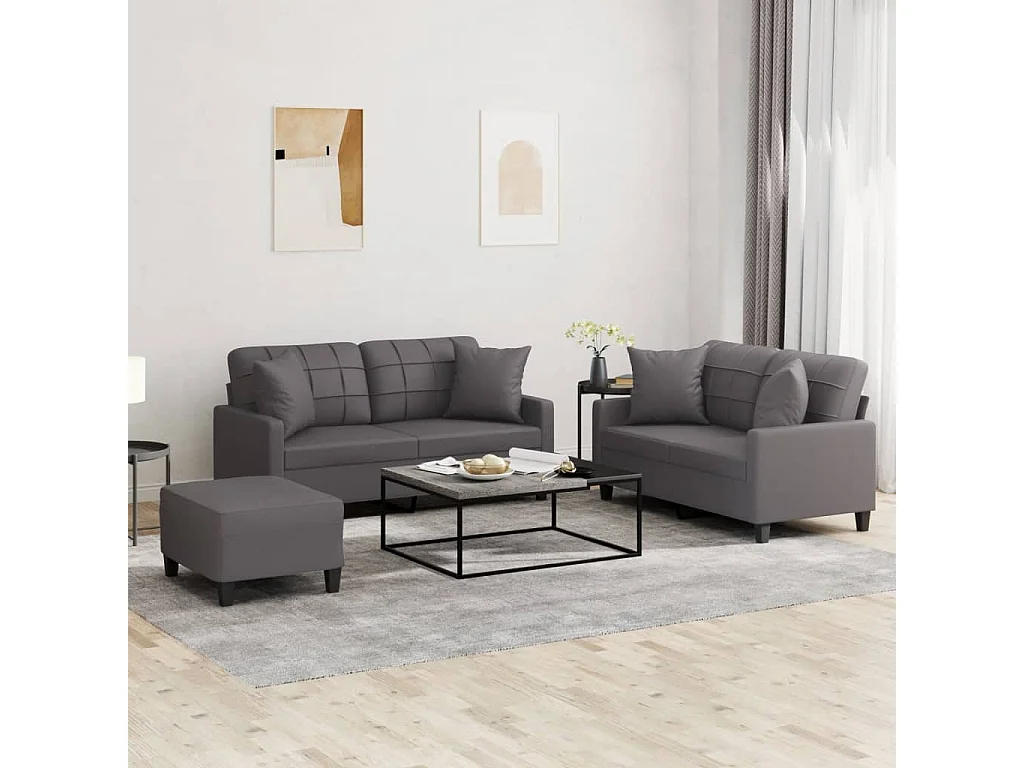 Conjunto de sofá de 3 piezas con cojines de piel sintética gris