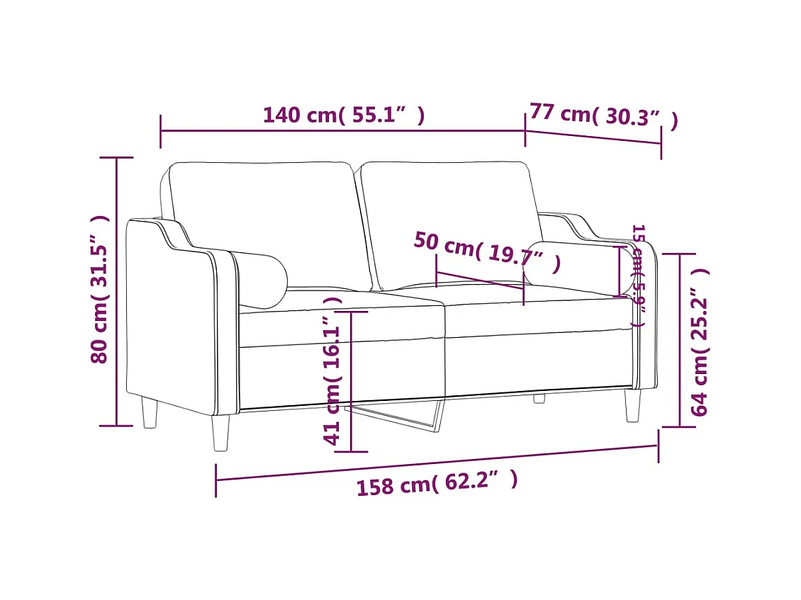 Sofá de 2 plazas con cojines gris claro de tela de 140 cm
