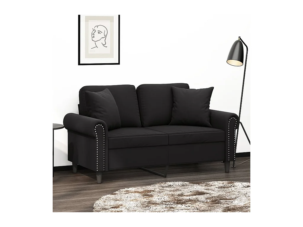 Sofá de 2 plazas con cojines decorativos de terciopelo negro de 120 cm.
