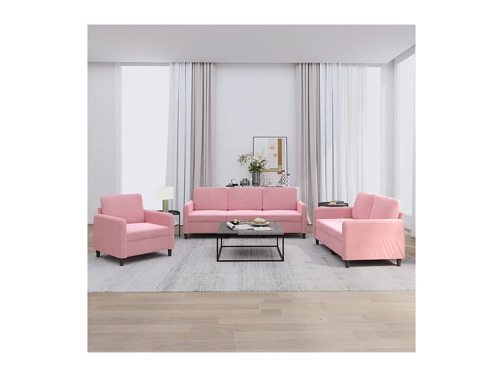 Set di divani in velluto rosa da 3 pezzi
