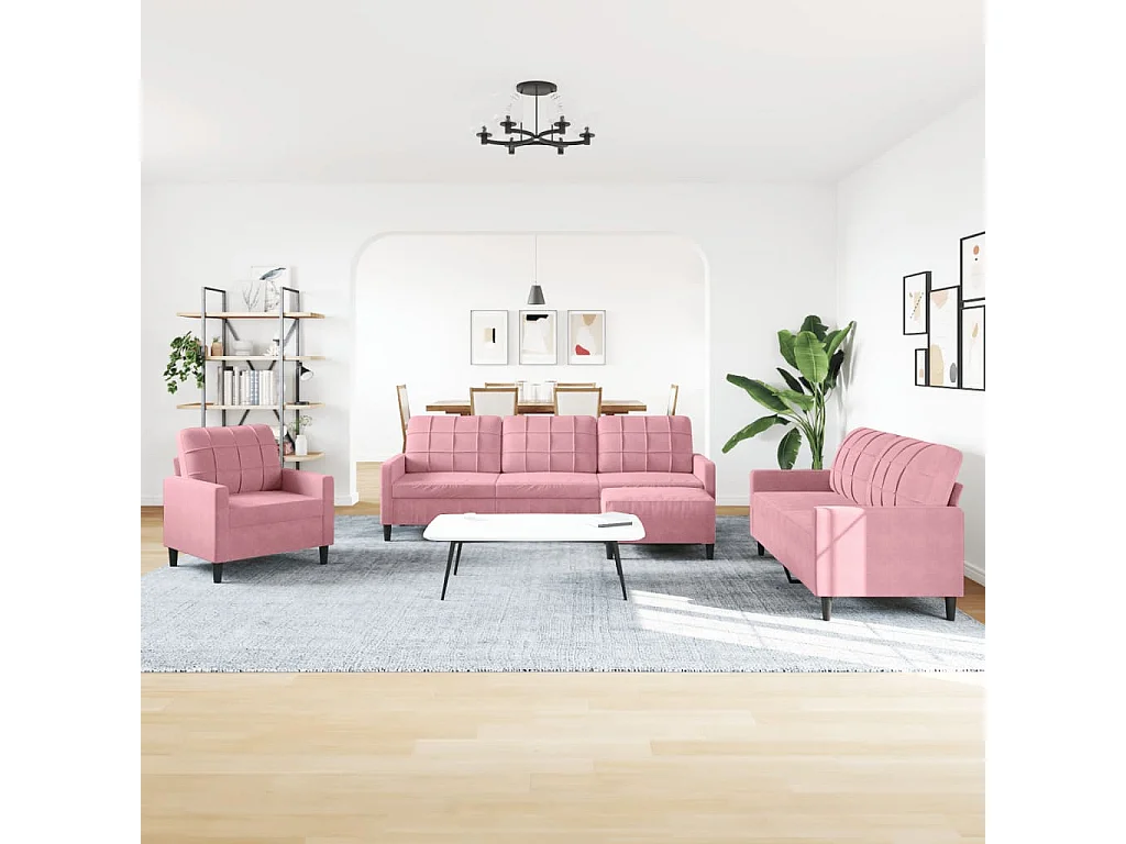 4-teiliges Sofaset mit Kissen, rosa Samt