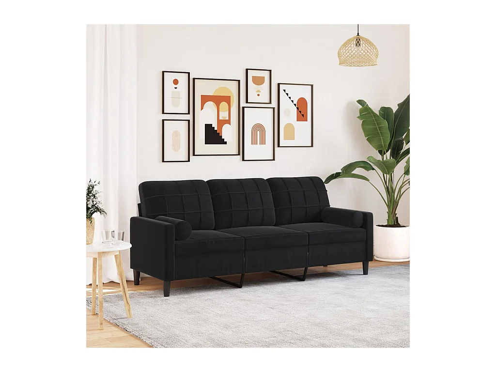 Sofá de 3 plazas con cojines decorativos de terciopelo negro de 180 cm.