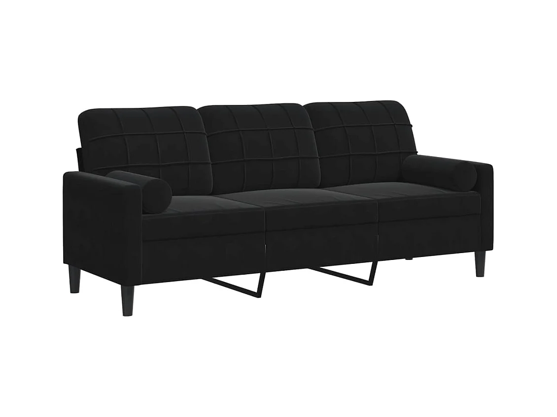 Sofá de 3 plazas con cojines decorativos de terciopelo negro de 180 cm.