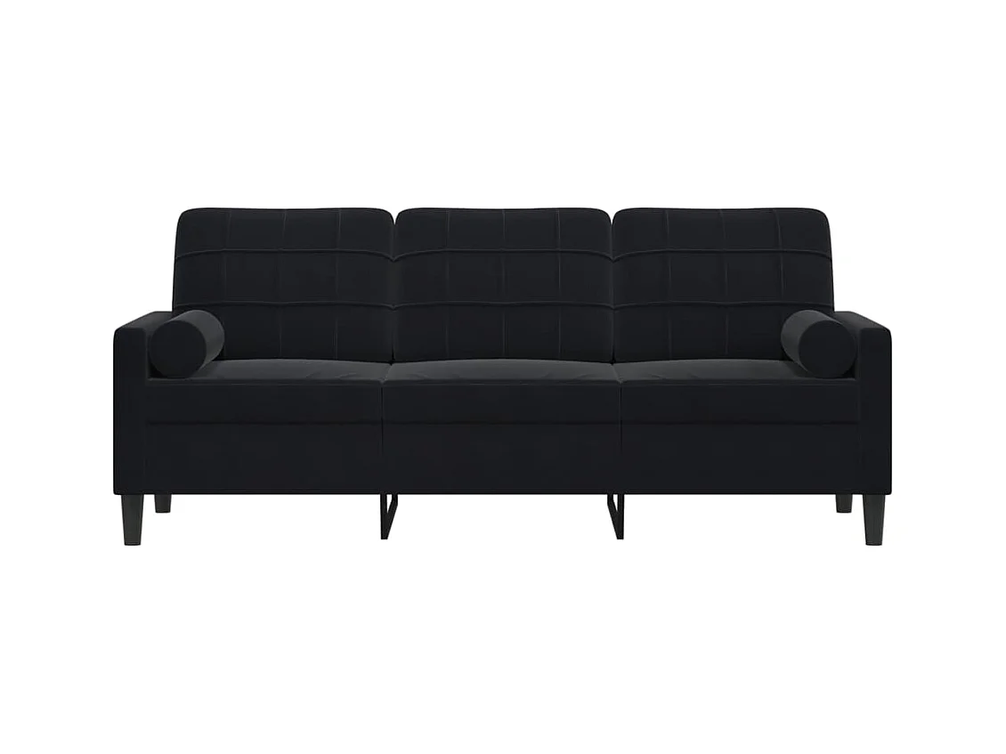 Sofá de 3 plazas con cojines decorativos de terciopelo negro de 180 cm.