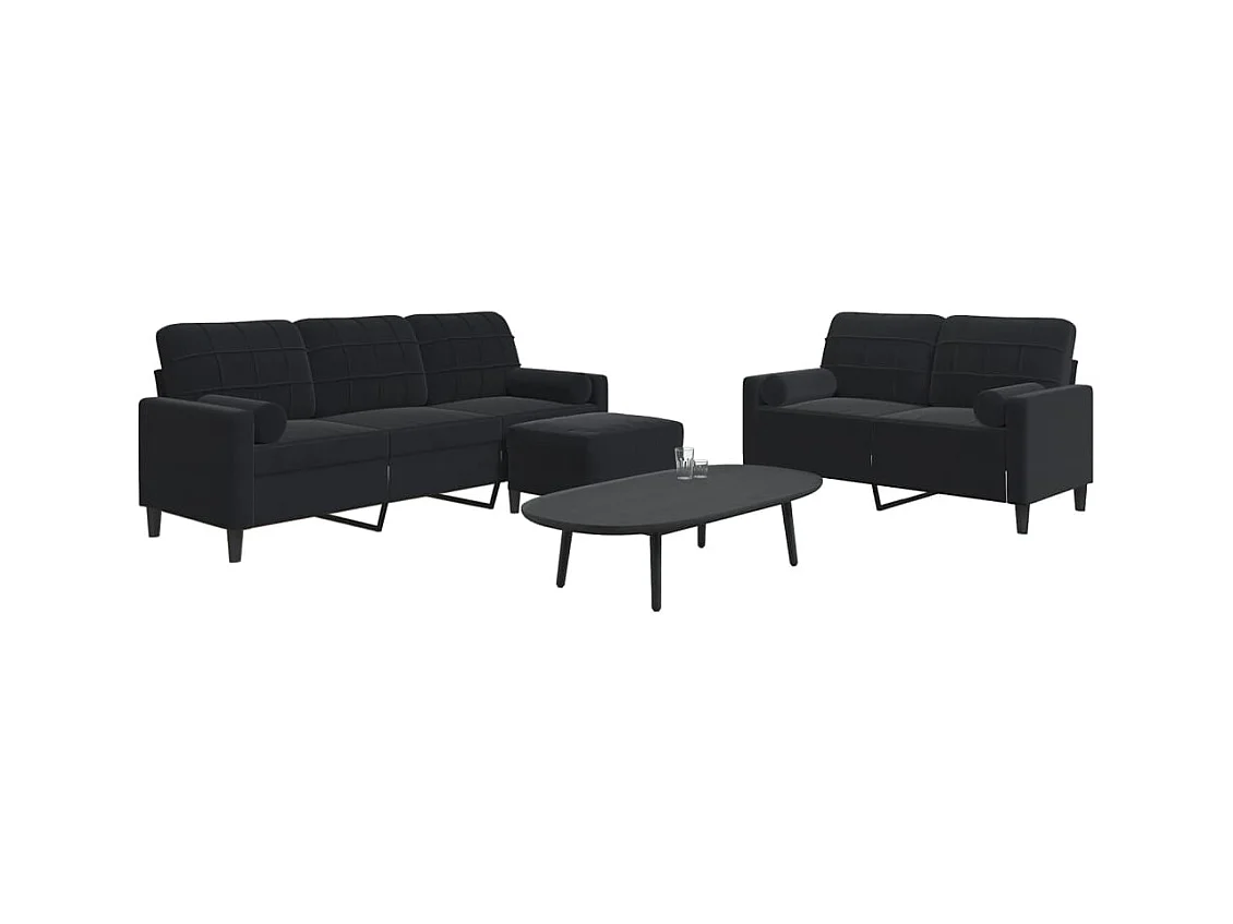 Conjunto de sofá de 3 piezas con cojines y almohadones de terciopelo negro